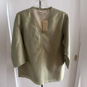 NWT Fabindia Elegant Kurta Silk Blend Pistachio Gold Embroidered Lined XL